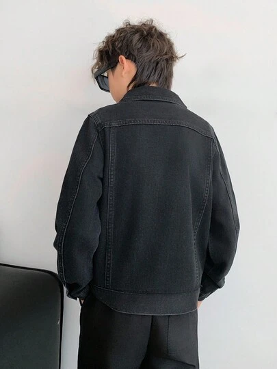 Tween Boy Fashion Casual Y2k Vintage Cool Street Returns To School College Sparkling Letter Rhinestone Design Black Denim Lapel Long-Sleeved Denim Jacket For Soft Dailywear And Winter And Fall Rave Festival And Streetwear