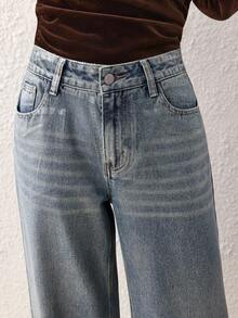 SHEIN Frenchy 女士时尚通勤金属色阔腿牛仔裤 - 藍色 - 查看 4