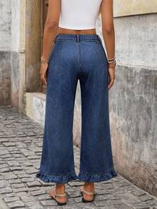 SHEIN PETITE 女士休闲日常荷叶边口袋牛仔裤，夏季 - 深色水洗藍 - 查看 2