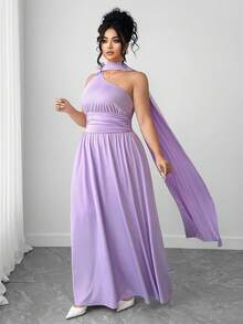 Elenzga Plus Size Women Purple Long Knitted Dress With 3D Floral Decor, Suitable For Parties - Purple - View 2