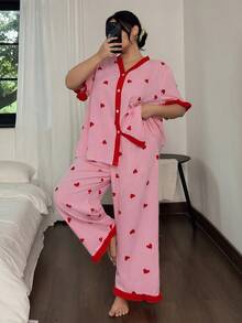 Eraneu 2pcs Plus Size Striped Heart Print Cardigan Top And Pants Pajama Set