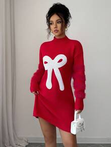 Selianne Vestido de suéter de manga larga con cuello redondo elegante para mujer, con decoración de piel de visón, lentejuelas y lazo, versátil para Navidad, Año Nuevo, otoño/invierno - Rojo - Ver 6