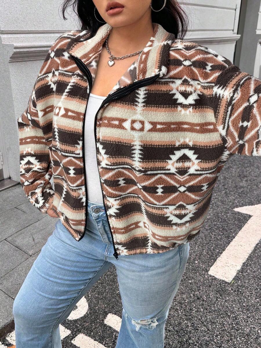 Muchica Plus Size Women's Casual Zipper Multi-Color Short Jacket In Fall/Winter - Multicolor - View 1