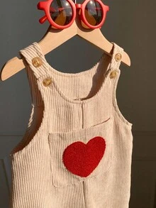 SHEIN 男婴/女婴灯芯绒连体衣，舒适百搭休闲纯色爱心刺绣连体衣，适合室内、室外、日常穿着、运动、玩耍、派对、拍照、节日、万圣节、圣诞节、新年、秋冬季穿着。男婴情人节套装。