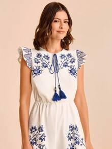 CAJUNI 女式花卉印花流苏荷叶边下摆休闲连体裤