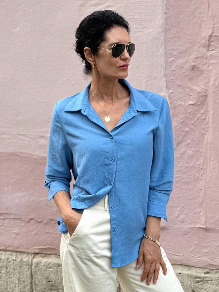 Women's Loose Fit Long Sleeve Blue Shirt Fall