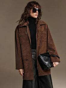 Ontre 2025新款女士冬季外套，高级百搭日常穿搭，深咖啡色，高领，腰带，口袋，宽松版型，长袖，柔软梭织面料，商务休闲，畅销纯色女式外套，商务通勤，万圣节，圣诞节，节日，度假派对，婚礼宾客着装，日常穿着，情人节，感恩节，秋冬季，韩版风格，时尚设计，适合5-15℃，优雅简约，时尚百搭通勤女式外套 - 鏽棕色 - 查看 5