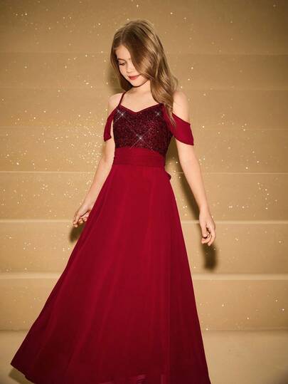 Elegant Luxurious Burgundy Chiffon Sequin Spaghetti Strap Maxi Dress For Tween Girls Suitable For Evening Party, Banquet, Wedding, Flower Girl, Graduation, Christmas, Halloween, And Other Occasions Fall Winter