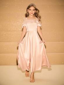 女孩优雅奢华香槟色无袖露肩长裙，适合晚会、宴会、婚礼、花童、舞会、圣诞节、万圣节等场合 - 香檳色 - 查看 4