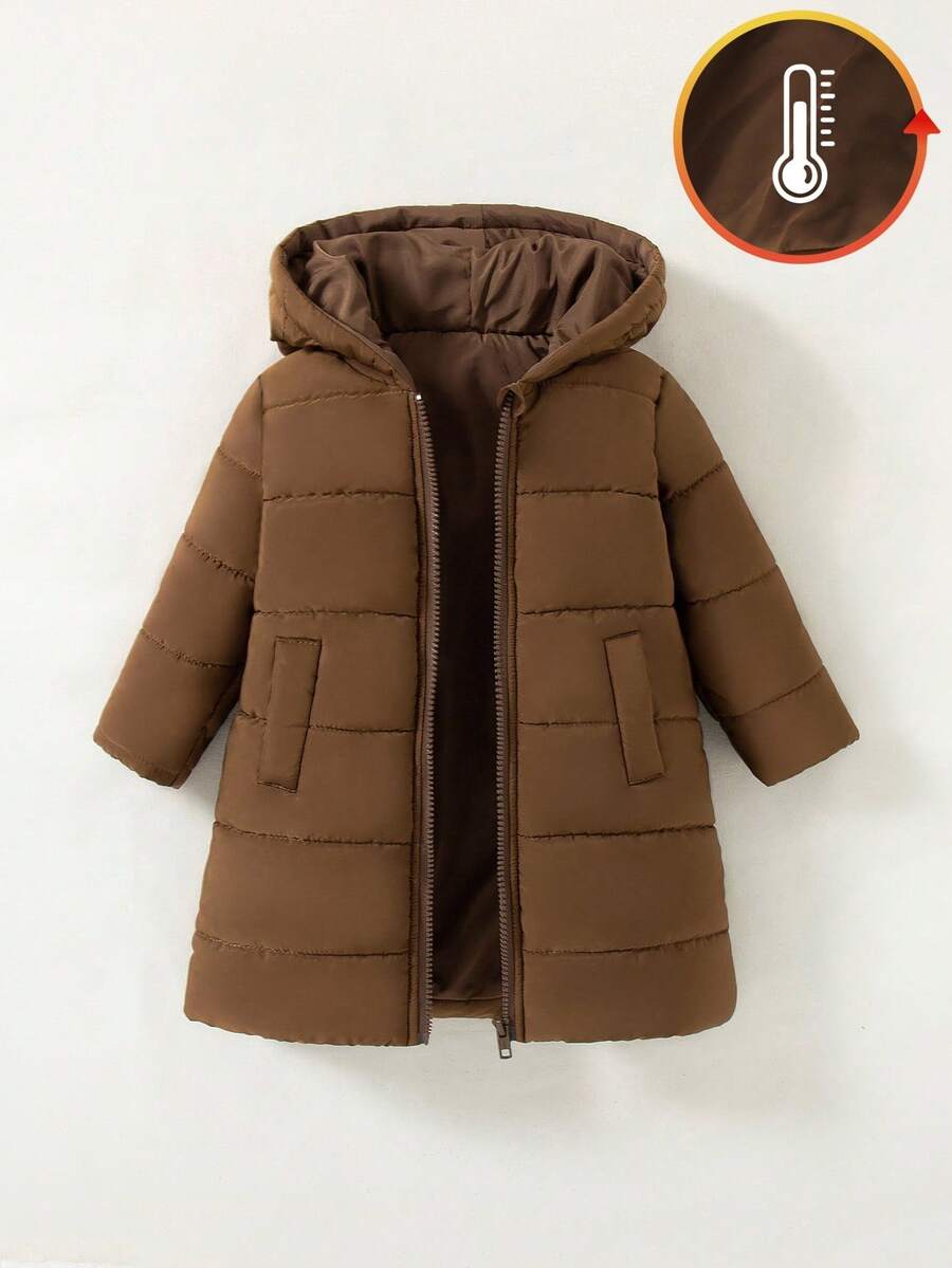 SHEIN Playful Pals 1 件女婴冬季新款 2025 缝线加厚棕色前口袋拉链连帽长款外套，百搭时尚