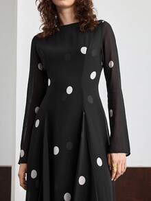 Ontre 2026SS Spring/Summer Women's Long Polka Dot Dress, Black & White, Party & Valentine's Day, A-Line Waist Cinched, Long Sleeve, Round Neck, Casual Chic, Business Casual, Commute, Slimming, Daily Urban Stylish, Minimalist Elegant, Versatile Long Dress - Black - View 5
