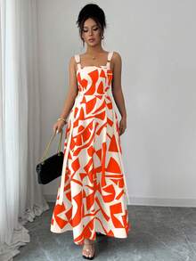 Selianne 女式夏季新款休闲细肩带腰部喇叭形几何印花连衣裙 - 彩色 - 查看 5