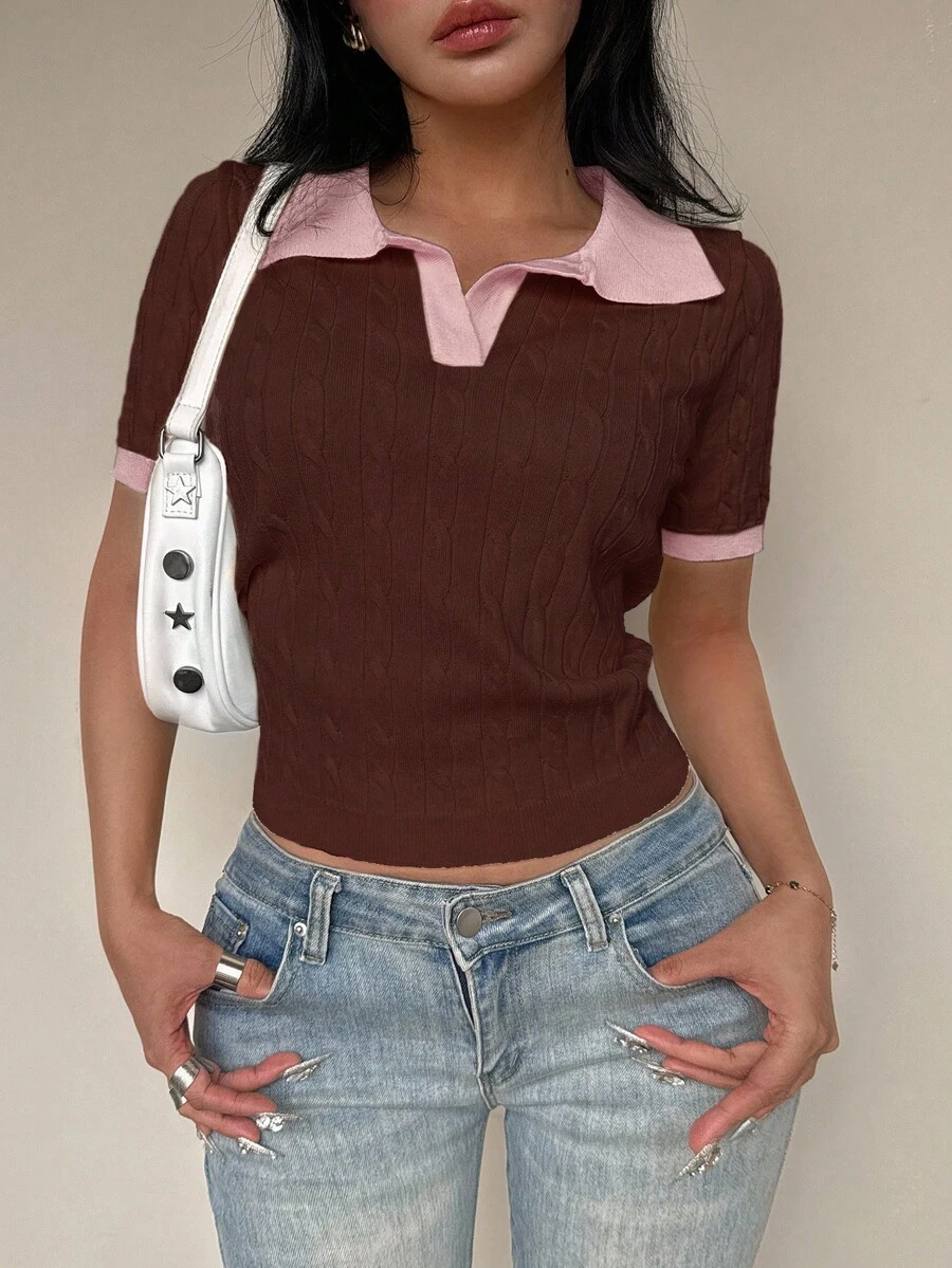 Flirla 女式休闲通勤学院风撞色拼接马球领麻花针织上衣，秋季 - 彩色 - 查看 1