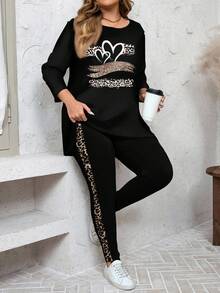 SHEIN LUNE Conjunto de 2 piezas de camiseta de manga larga y pantalones de yoga con estampado de leopardo y corazón brillante para mujer talla grande, adecuado para otoño/invierno