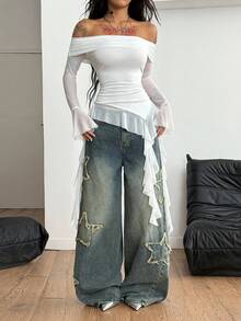 Coolane Women's Fall/All-Season Streetwear Festival Country Concert Y2K Boho Gyaru Ruffle Ribbon White Off The Shoulder Tees,Fall Tops - White - View 5