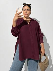 SHEIN Essnce Plus Size Women's Burgundy Autumn Casual Long-Sleeved Button-Down Shirt,Everyday Loose Oversize Tops,Old Money Style Work Fall High Side Slit Shirt - Burgundy - View 6