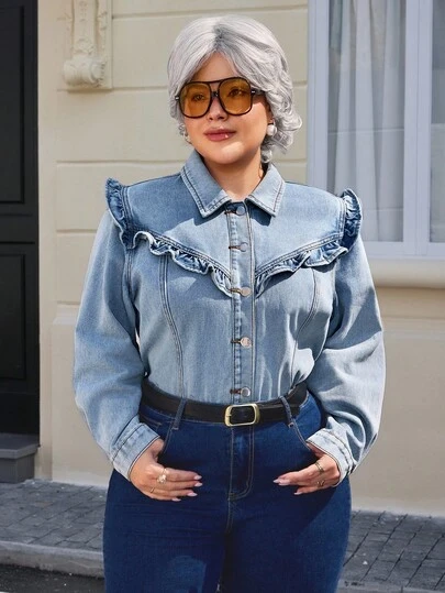 EMERY ROSE 大码女式复古水洗牛仔衬衫，秋冬