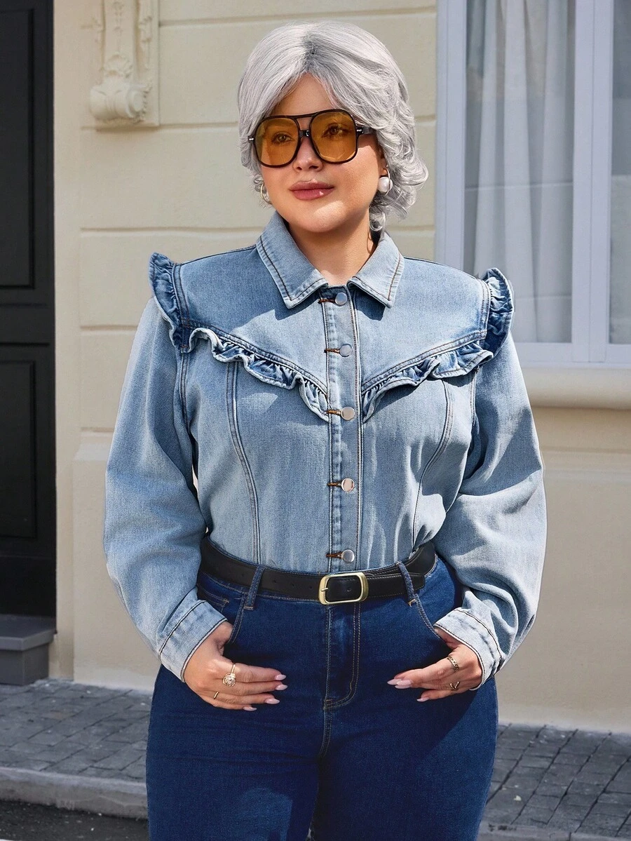 EMERY ROSE Damen Große Größen Vintage Washed Jeans Bluse, Herbst/Winter - Helle Waschung - Übersicht 1
