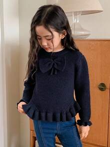 Dazy Kids Girls Crew Neck Bow Decor Sweater, Autumn - Navy Blue - View 2