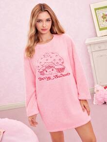 Strawberry Shortcake X SHEIN 女士可爱卡通人物字母刺绣落肩宽松抓绒长袖睡衣连衣裙，冬季可爱睡衣，卡哇伊风，秋冬款，蓬松舒适 - 粉色 - 查看 5