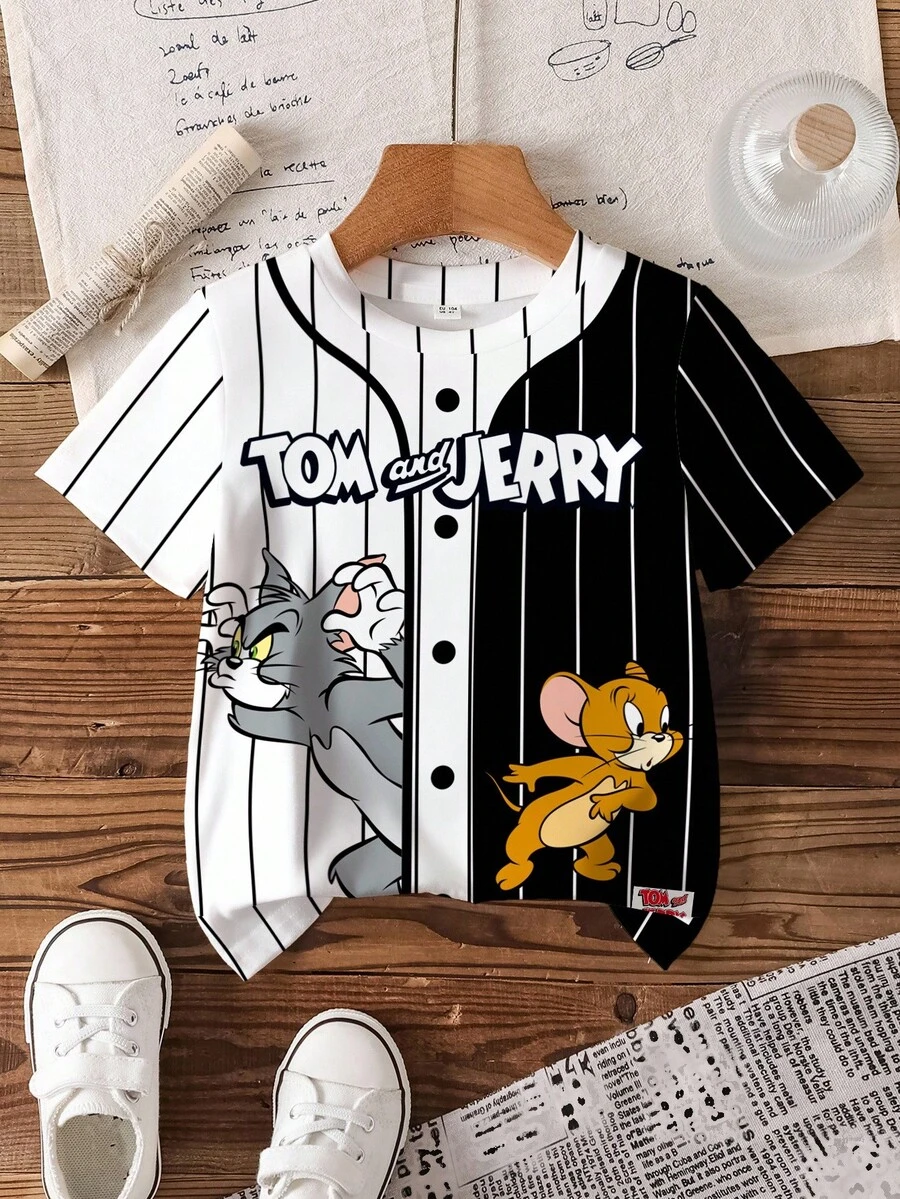 TOM & JERRY X SHEIN Young Boy's Casual Fashionable Street Style Cartoon Letter Graphic Black & White Striped Short Sleeve T-Shirt, Summer - White - View 1