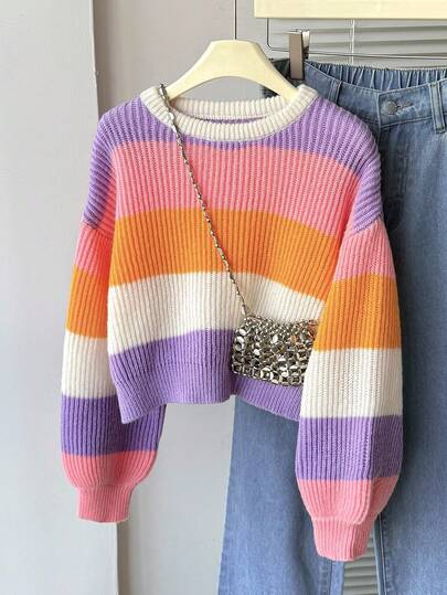 Girls Thick Knit Sweater, Minimalist Style, Long Sleeve, Autumn/Winter Fall