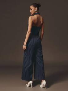 Hauture Formal Old Money Business Office Striped Backless Halter Jumpsuit - Blue and White - View 3