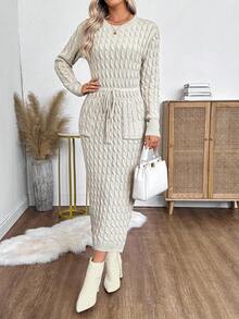 EMERY ROSE 女士秋冬麻花图案圆领长袖抽绳腰部口袋修身优雅针织连衣裙 - 杏色 - 查看 6