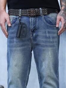 Manfinity EMRG Avant-Garde Men's Medium Wash Wide Leg Denim Jeans With Zipper Detail Long Plain Pattern For Casual Wear - Medium Wash - View 4