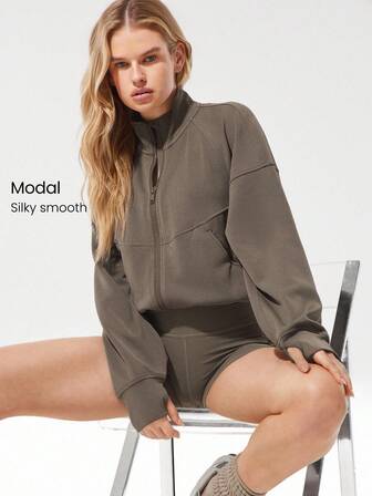 GLOWMODE Softserene Modal Cool Comfort Silky Smooth Breathable Contoured Seams Stand-Up Collar Drawstring Waist Big Pockets Thumbholes Waist Length Zip-Up Jacket Daily Casual Wear Fall Winter