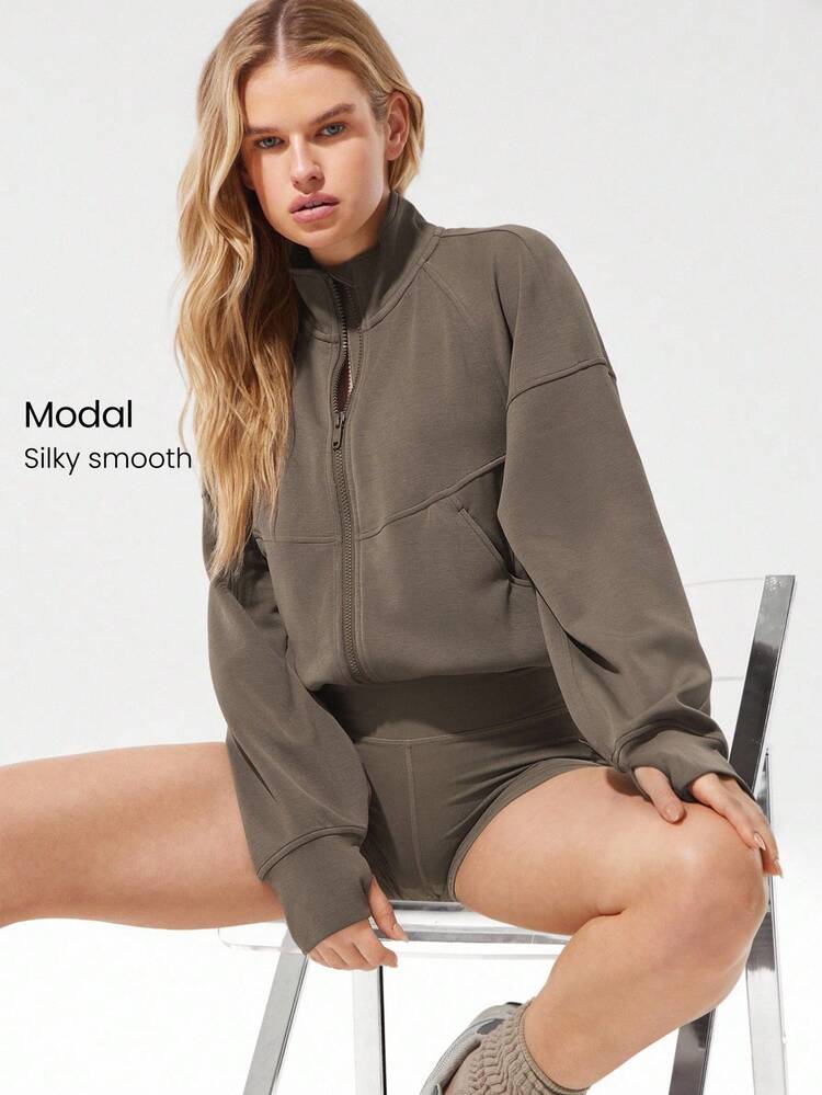 SoftCalm Modal Cool Comfort Silky Smooth Breathable Contoured Seams Stand-Up Collar Drawstring Waist Big Pockets Thumbholes Waist Length Zip-Up Jacket Daily Casual Wear Spring Summer