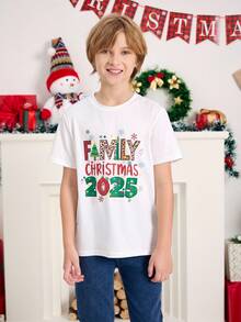 SHEIN 男童休闲时尚圣诞可爱2025图案圆领T恤 - 白色 - 查看 2