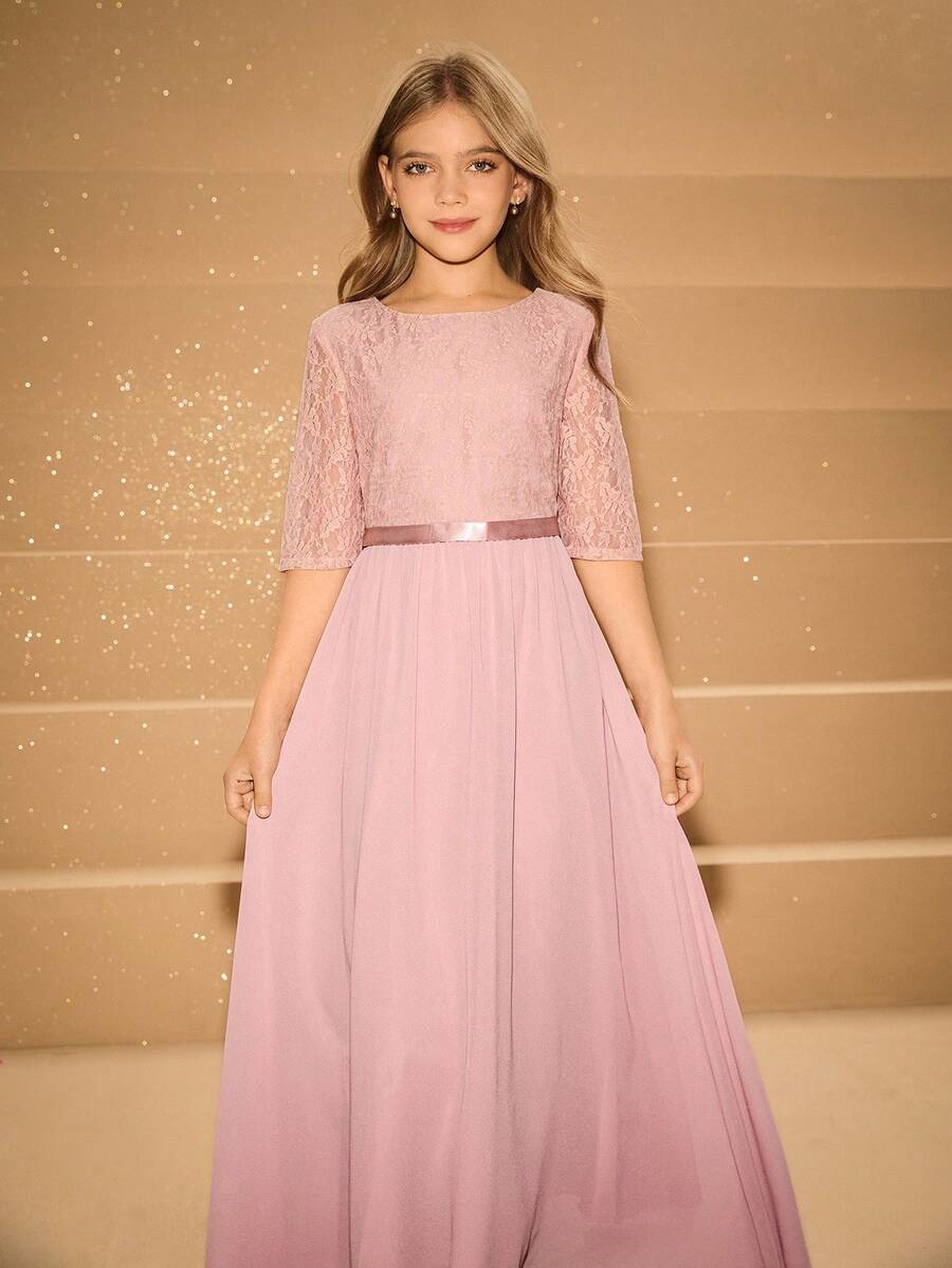 Girls' Flowing Lace Patchwork Chiffon Flared Dress With Square Neck, Suitable For Wedding, Prom, Birthday Party, Back To School, Graduation, Christmas, Halloween Fall Winter - Dusty Pink - View 1
