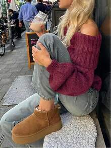 Cévolie Women's Casual Solid Color Foldover Off Shoulder Lantern Sleeve Loose Sweater, Autumn/Winter