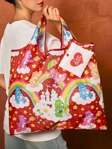 SHEIN X Care Bears 1 pieza Bolso de tela plegable de poliéster con estampado de personaje de dibujos animados lindo, bolso de mano con bolsita adjunta en cadena de cuentas, osos,