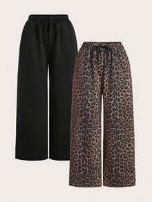 SHEIN EZwear Set de 2 pantalones de chándal de talla grande con estampado de leopardo y negro, para primavera/verano - Multicolor - Ver 1