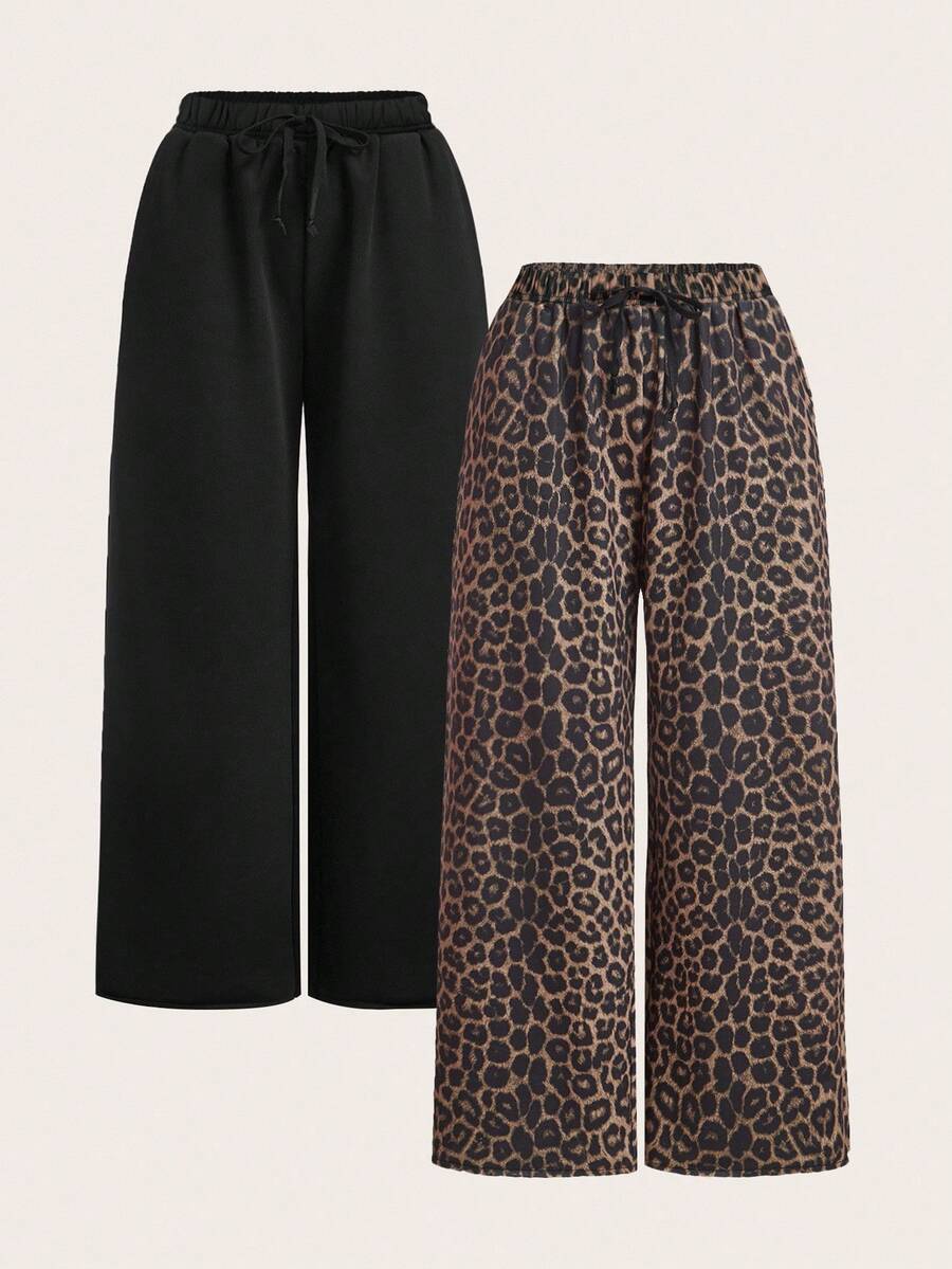 SHEIN EZwear Set de 2 pantalones de chándal de talla grande con estampado de leopardo y negro, para primavera/verano - Multicolor - Ver 1