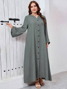 SHEIN Najma 优雅舒适的布艺纽扣装饰女式宽松连衣裙