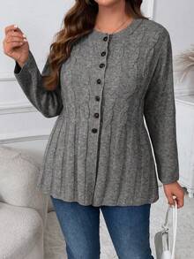 Cárdigan casual de manga larga con botones delanteros y diseño de cable en talla grande - Gris - Ver 4