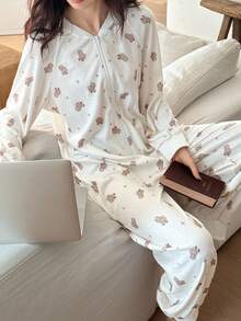 DAZY 熊印花全身插肩袖宽松女式睡衣连体裤，秋季 - 白色 - 查看 4