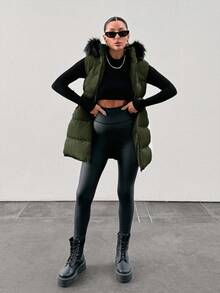 EURMUSE Padded Vest With Furry Hood And Adjustable Waist, Two Side Pockets, Thick And Fashionable Puffer Jacket, Quilting Details - Dark Green - View 9