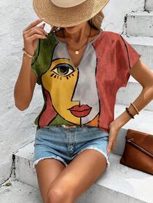 Sylviya Casual Full Print Portrait Pattern Women V-Neck Shirt, Suitable For Summer,Short Sleeve Tops Suitable For Going Out Chic Blouses For Women