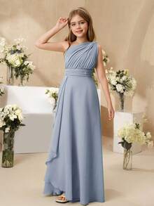 SHEIN Tween Girls Elegant Flower Girl Dress For Wedding, Ruffled Chiffon Shawl Mid-Calf Length Formal Gown For Tween Girl, Princess Style Puffy Fall Winter - Blue - View 7