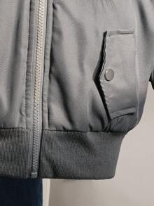 年轻女孩冬季休闲时尚街头拼接蓬松拉链前连帽保暖内衬夹克 - 灰色 - 查看 3