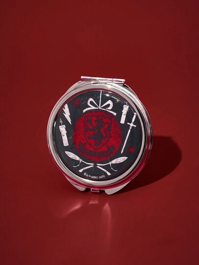 FanGlow HARRY POTTER X SHEIN 格兰芬多圆形手持化妆镜 - 霍格沃茨徽章设计，带有蜡烛、剑和城堡元素，紧凑型纪念品化妆镜