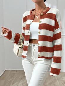 EURMUSE 女士条纹圆领前扣开衫 - 棕色 - 查看 5