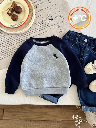 SHEIN 男婴秋冬季撞色圆领插肩袖卫衣，舒适百搭经典简约风格，适合室内、户外滑雪、日常穿着、运动、玩耍、派对等场合。