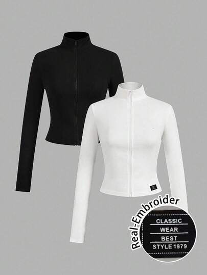 SHEIN EZwear 2 piezas Conjunto versátil de ropa deportiva de punto blanca y negra para yoga y fitness, camiseta de manga larga con cremallera y bordado gráfico de letras, elegante para otoño/invierno