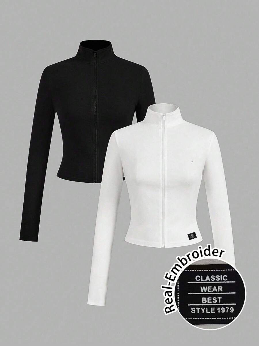 SHEIN EZwear 2pcs Versatile Fitted White & Black Knit Yoga Fitness Activewear, Letter Embroidery Graphic Zip-Up Long Sleeve T-Shirt, Chic For Autumn/Winter - Multicolor - View 1