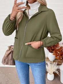 EMERY ROSE Women's Thermal Lined Zip-Up Long Sleeve Jacket, Winter - Army Green - View 3